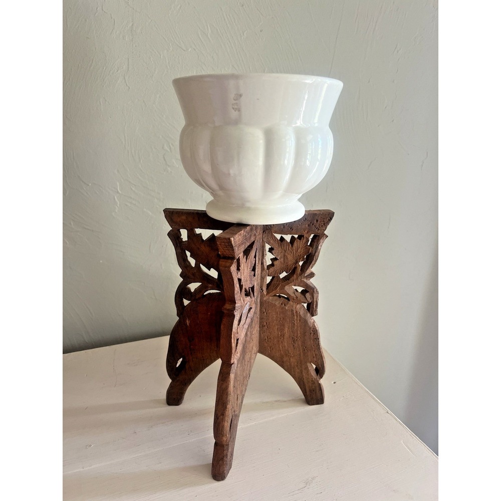 Vintage Carved Plant Stand Tripod Carved Intricate Tabletop Fold Up Vintage 8.5"
